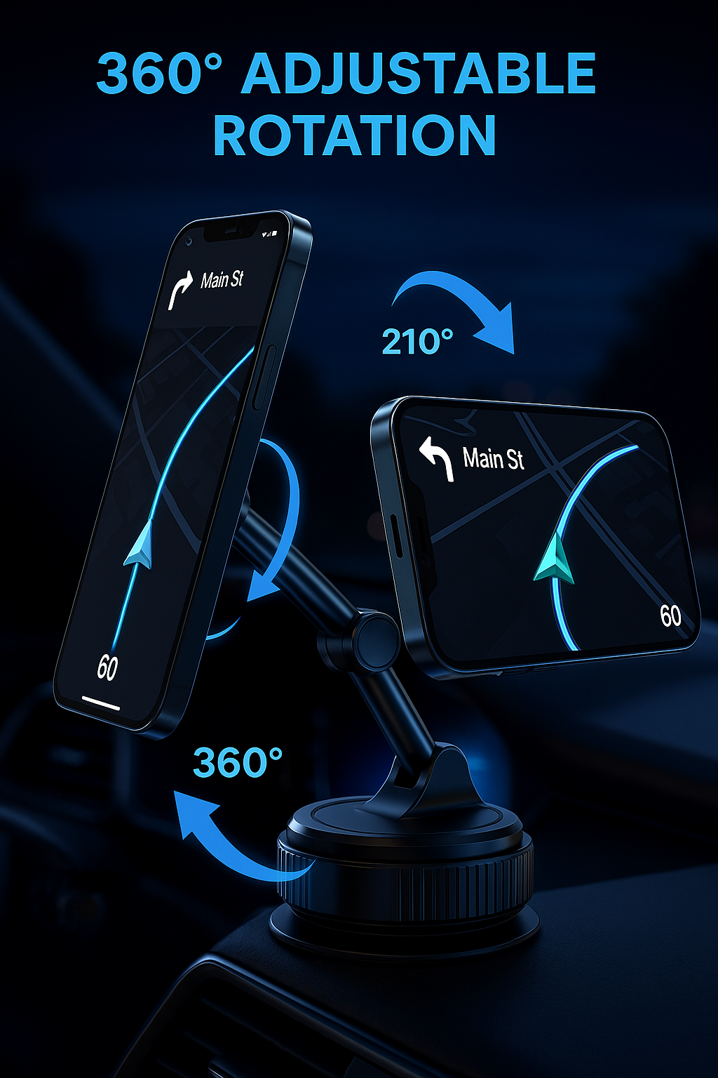 Ultimate Car Phone Mount | Strong Vacuum Suction + Magnetic Lock | 360° Rotation