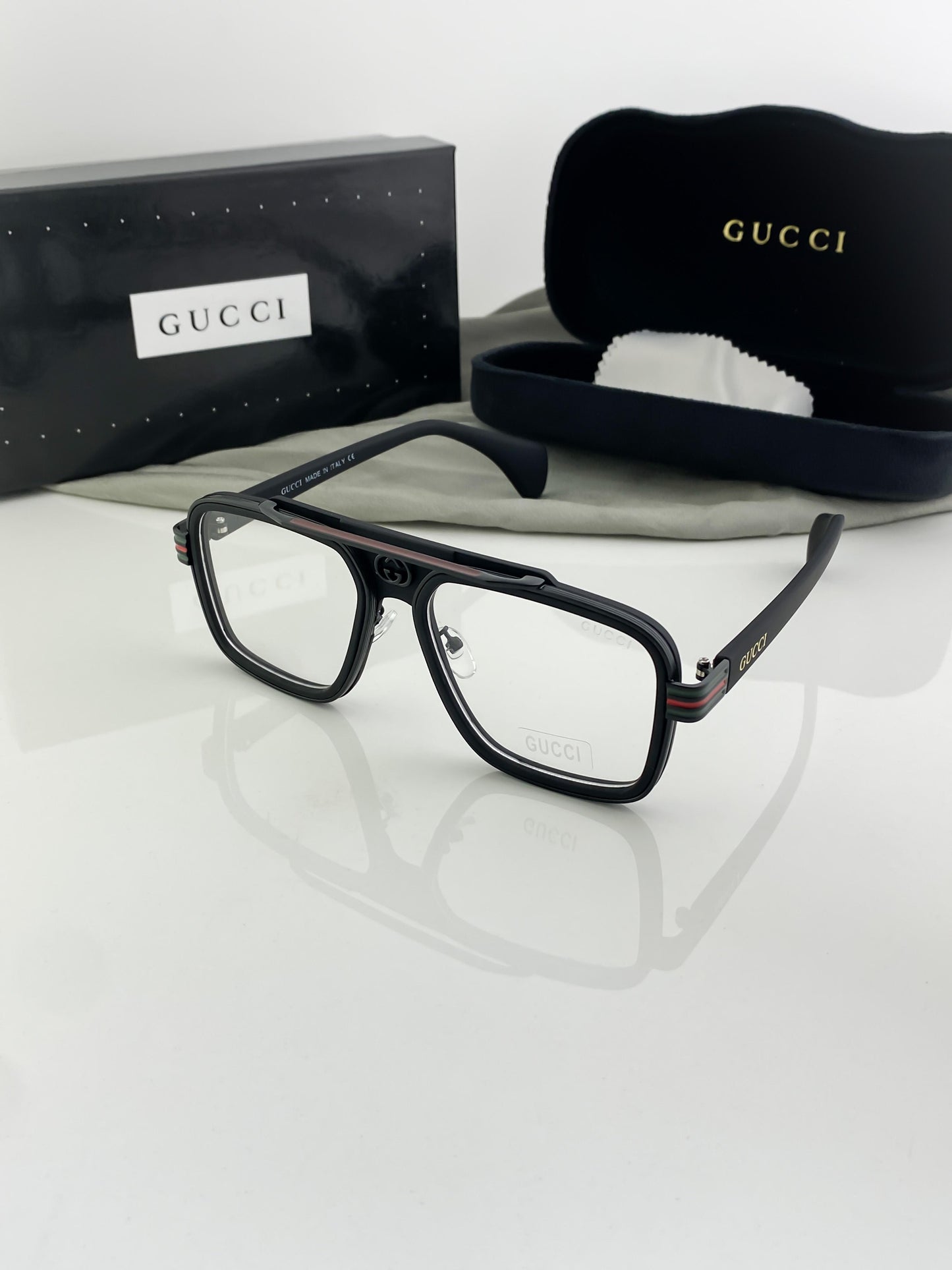 GUCCI Signature Style Optical Frame - Black Square Aviator Eyeglasses - Unisex with UV Protect Lenses